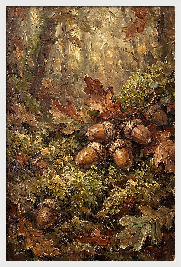 Acorns Nestled In Moss