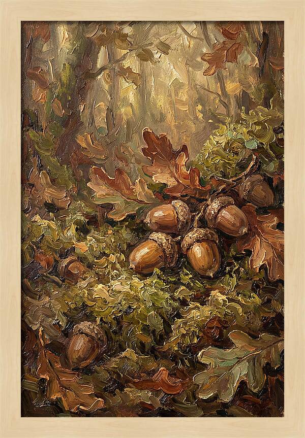 Acorns Nestled In Moss