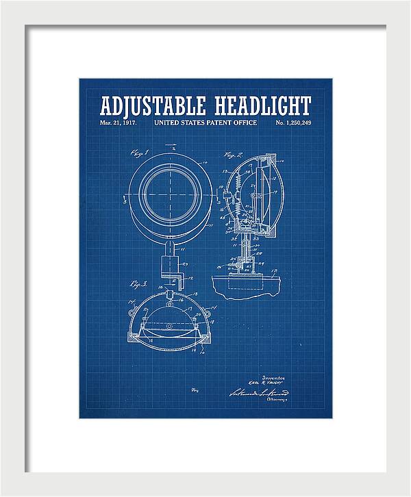 Adjustable Headlight Blueprint Patent Us1250249a