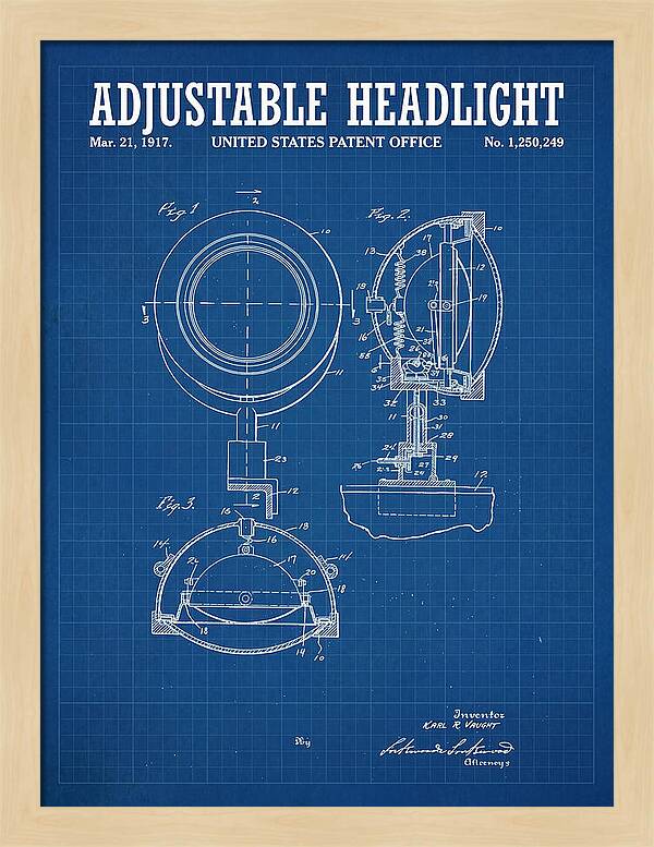 Adjustable Headlight Blueprint Patent Us1250249a