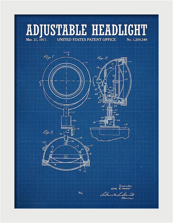 Adjustable Headlight Blueprint Patent Us1250249a