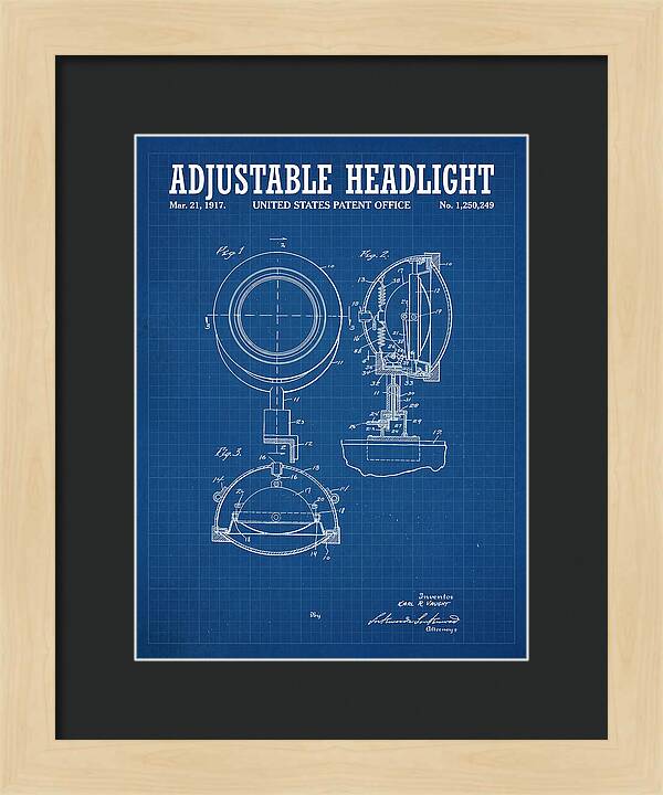 Adjustable Headlight Blueprint Patent Us1250249a