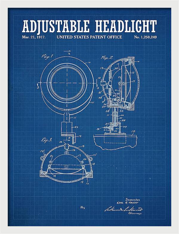 Adjustable Headlight Blueprint Patent Us1250249a