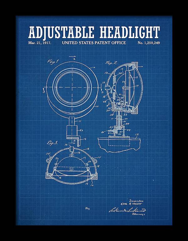 Adjustable Headlight Blueprint Patent Us1250249a