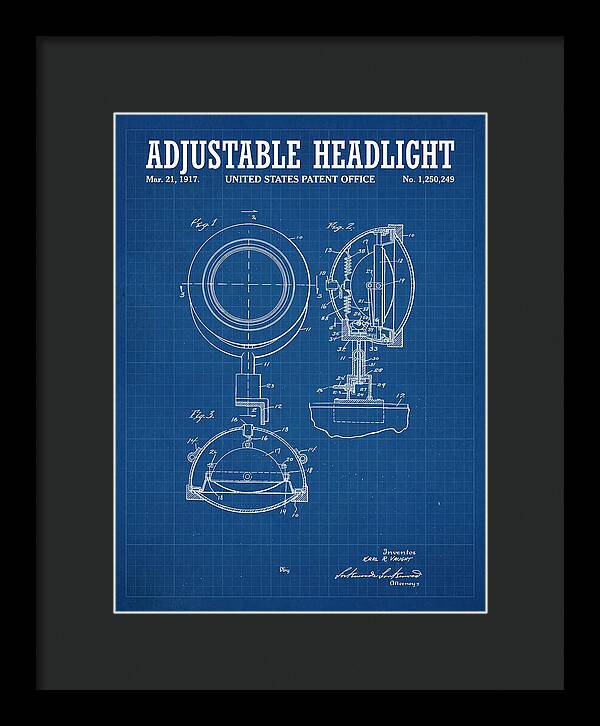 Adjustable Headlight Blueprint Patent Us1250249a