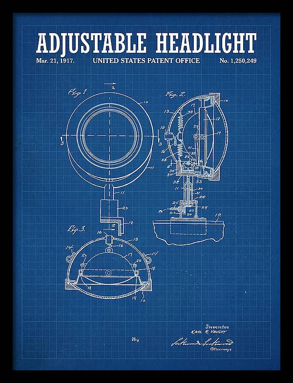 Adjustable Headlight Blueprint Patent Us1250249a