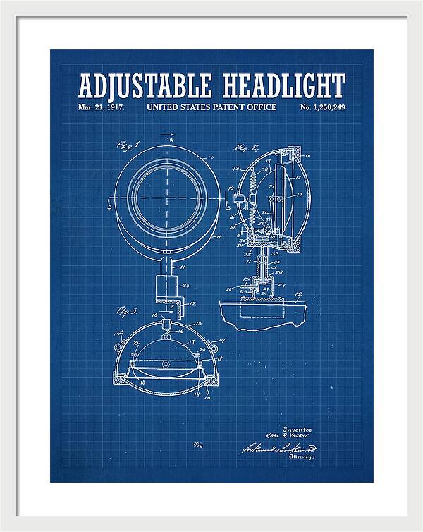 Adjustable Headlight Blueprint Patent Us1250249a