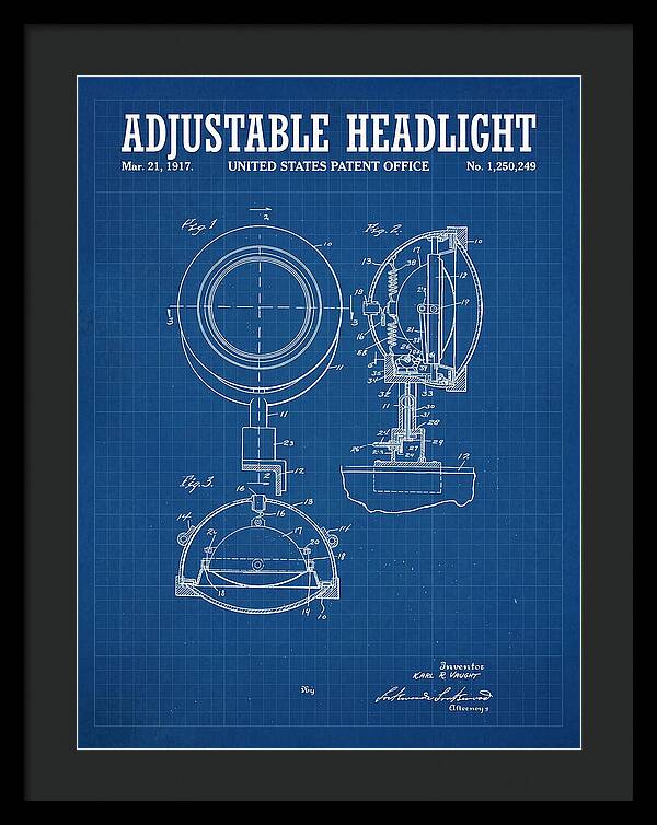 Adjustable Headlight Blueprint Patent Us1250249a