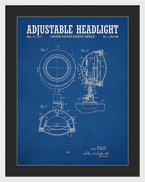 Adjustable Headlight Blueprint Patent Us1250249a