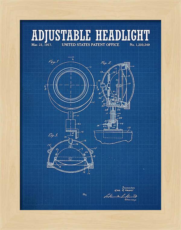 Adjustable Headlight Blueprint Patent Us1250249a