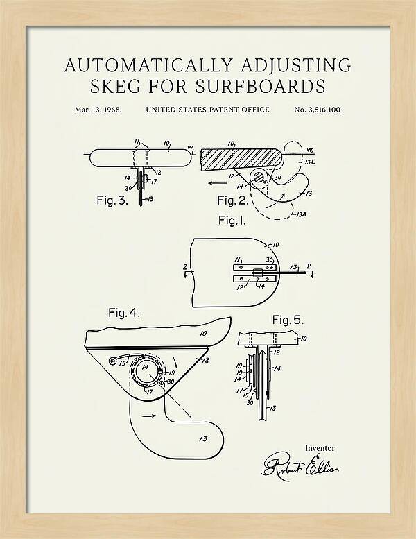 Adjusting Surfboard Skeg Minimalist Patent Us3516100a