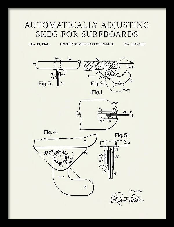Adjusting Surfboard Skeg Minimalist Patent Us3516100a