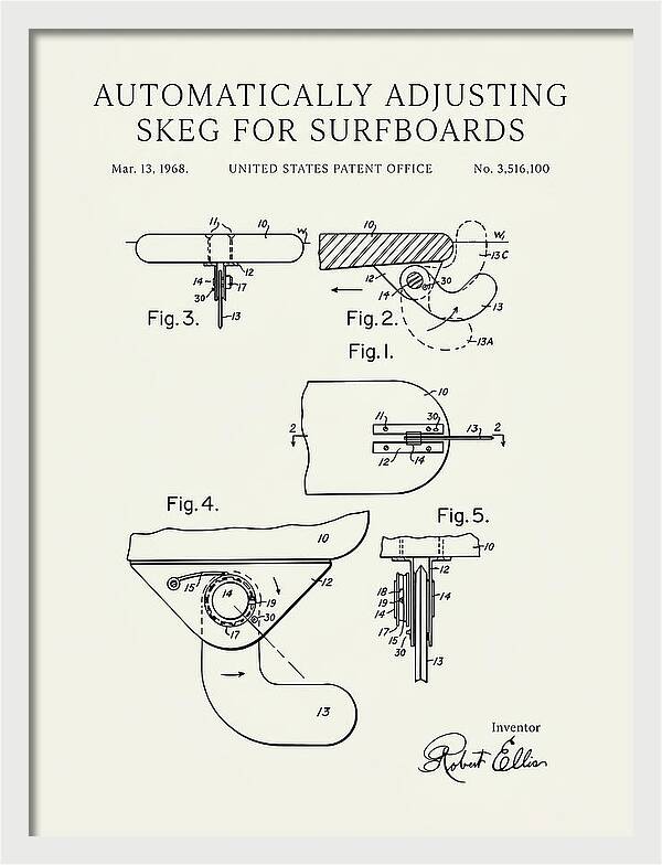 Adjusting Surfboard Skeg Minimalist Patent Us3516100a