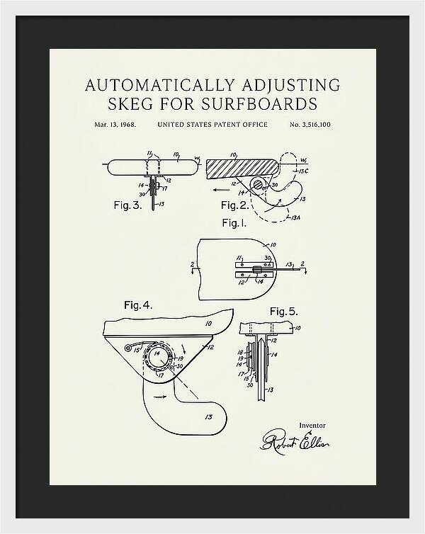 Adjusting Surfboard Skeg Minimalist Patent Us3516100a