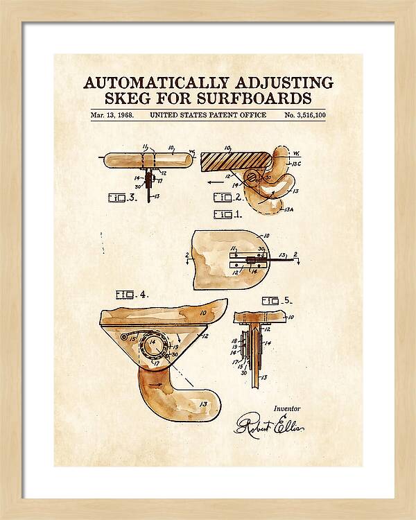 Adjusting Surfboard Skeg Watercolor Patent Us3516100a