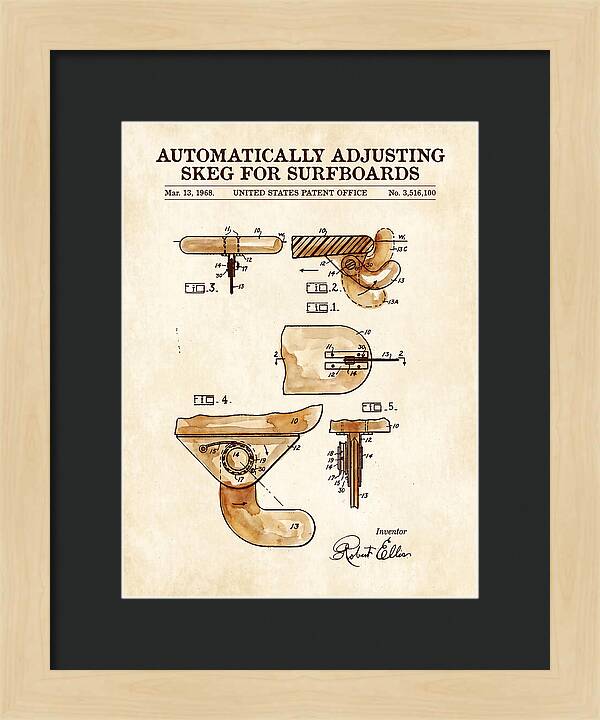 Adjusting Surfboard Skeg Watercolor Patent Us3516100a