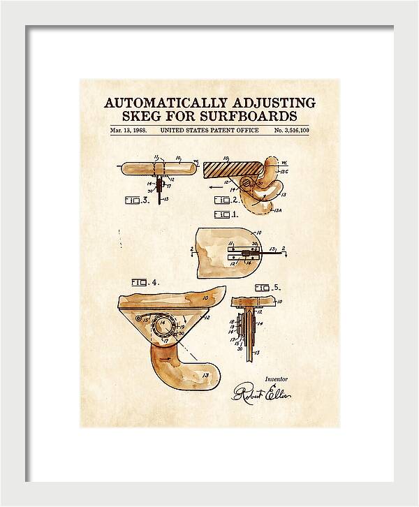Adjusting Surfboard Skeg Watercolor Patent Us3516100a