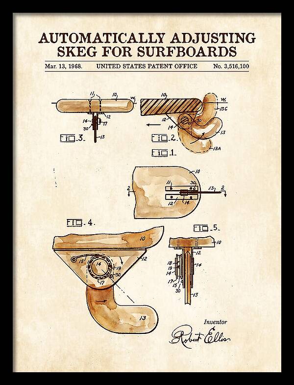 Adjusting Surfboard Skeg Watercolor Patent Us3516100a