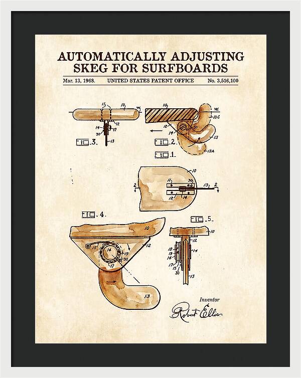 Adjusting Surfboard Skeg Watercolor Patent Us3516100a