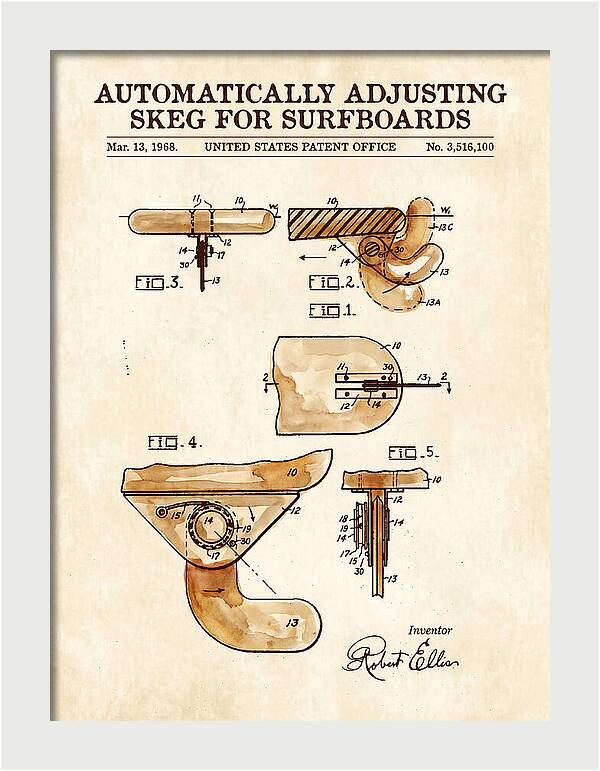 Adjusting Surfboard Skeg Watercolor Patent Us3516100a