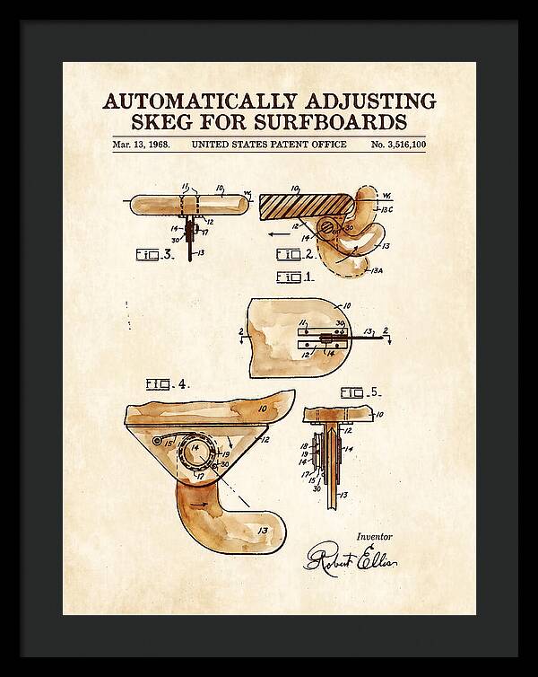 Adjusting Surfboard Skeg Watercolor Patent Us3516100a