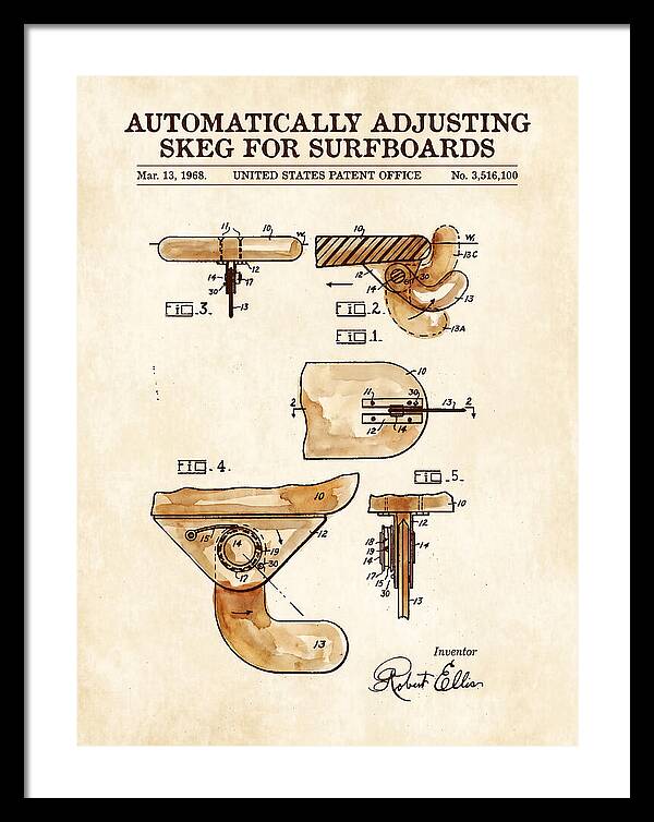 Adjusting Surfboard Skeg Watercolor Patent Us3516100a