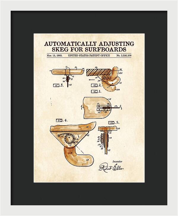 Adjusting Surfboard Skeg Watercolor Patent Us3516100a