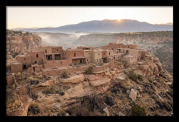 Adobe Pueblo Buildings At Sunset