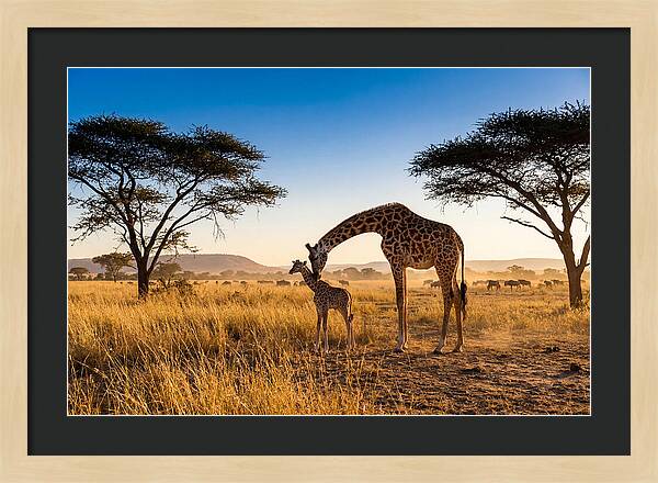 African Giraffe Mother And Baby