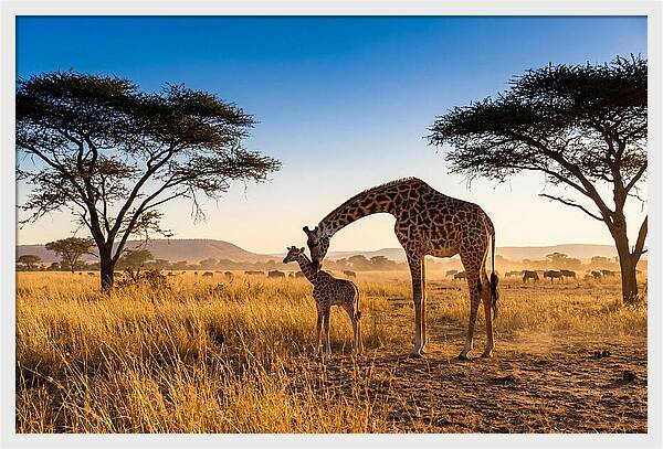African Giraffe Mother And Baby
