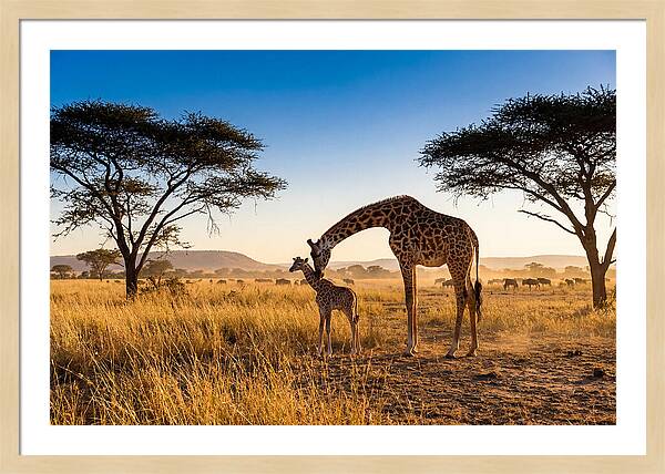African Giraffe Mother And Baby