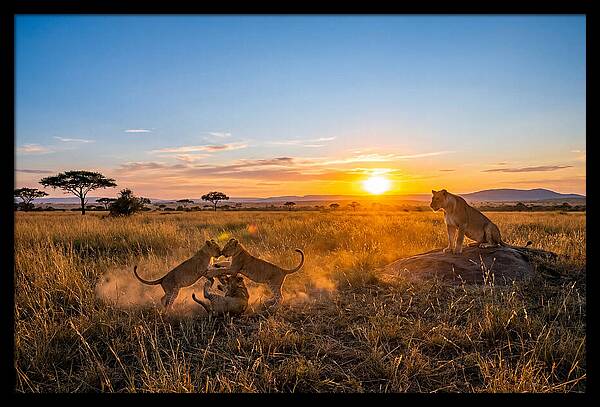 African Lion Cubs Playing At Sunset