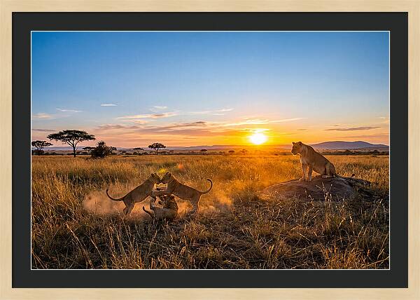 African Lion Cubs Playing At Sunset