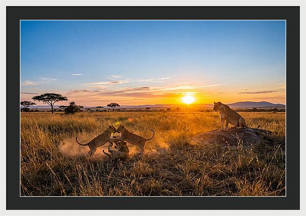 African Lion Cubs Playing At Sunset