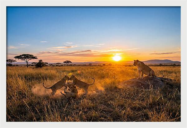 African Lion Cubs Playing At Sunset