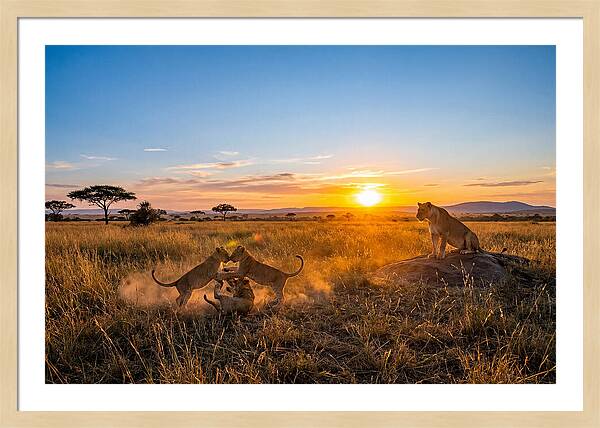 African Lion Cubs Playing At Sunset