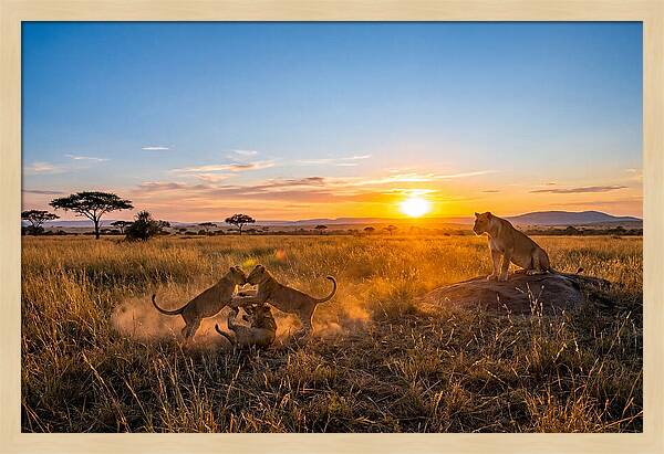 African Lion Cubs Playing At Sunset