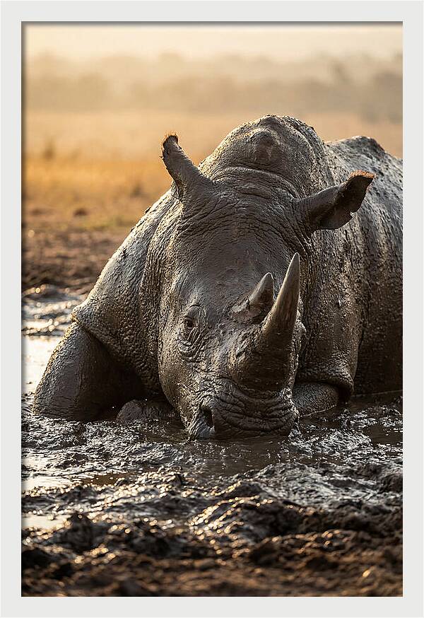 African Rhino In Mud Wallow