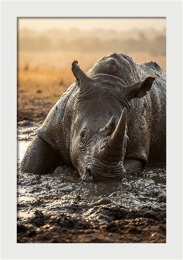 African Rhino In Mud Wallow