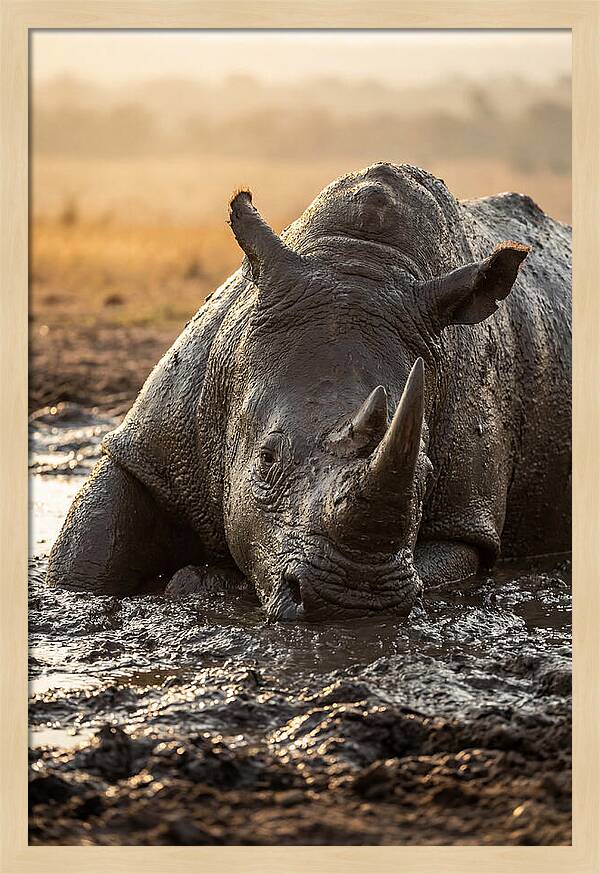 African Rhino In Mud Wallow