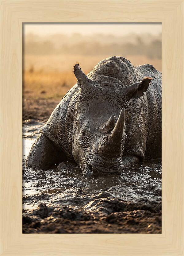 African Rhino In Mud Wallow
