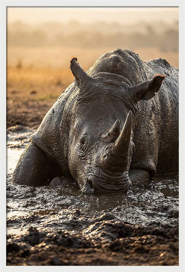 African Rhino In Mud Wallow