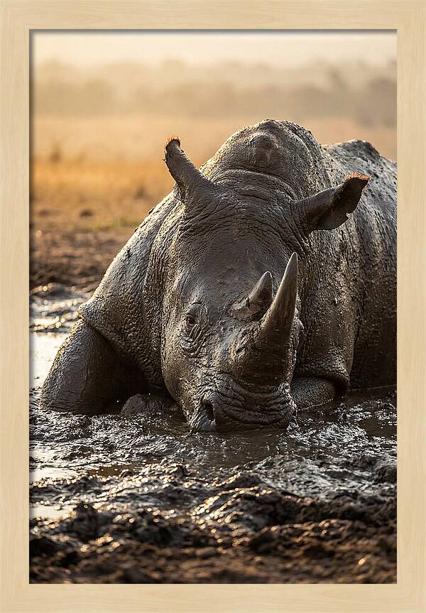 African Rhino In Mud Wallow