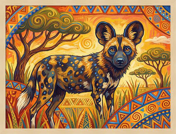 African Wild Dog In Vibrant Landscape