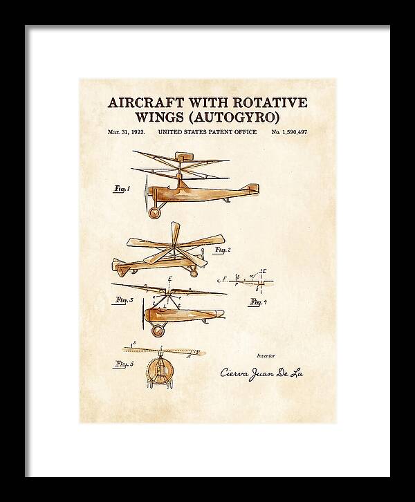 Aircraft With Rotative Wings Autogyro Watercolor Patent Us1590497