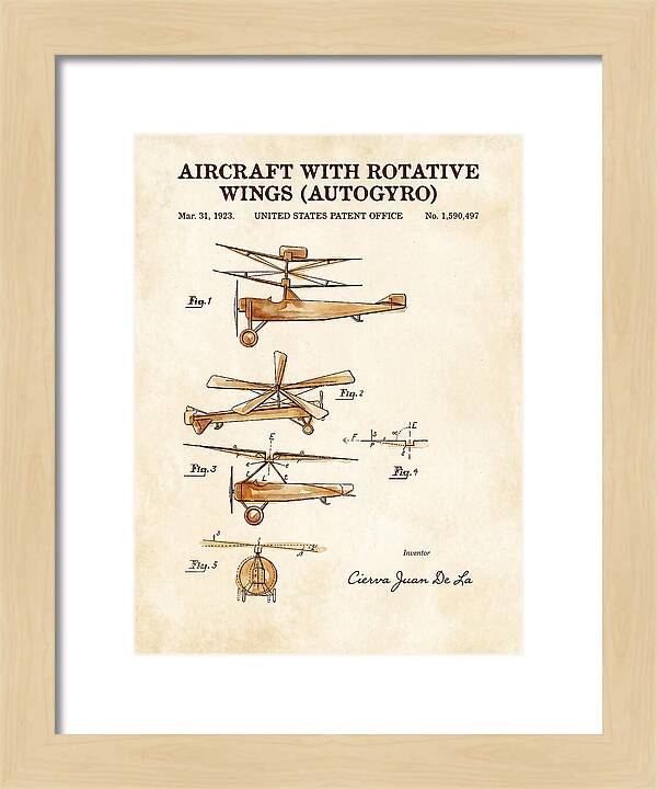 Aircraft With Rotative Wings Autogyro Watercolor Patent Us1590497