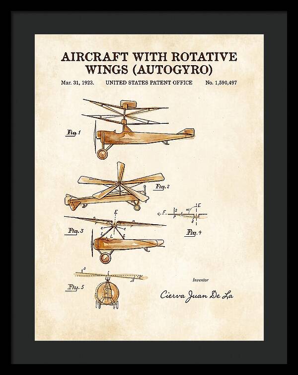 Aircraft With Rotative Wings Autogyro Watercolor Patent Us1590497
