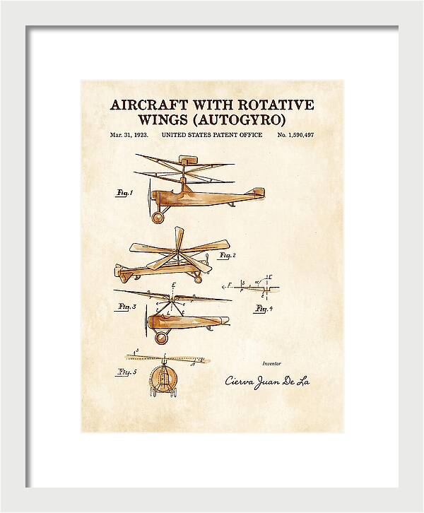 Aircraft With Rotative Wings Autogyro Watercolor Patent Us1590497