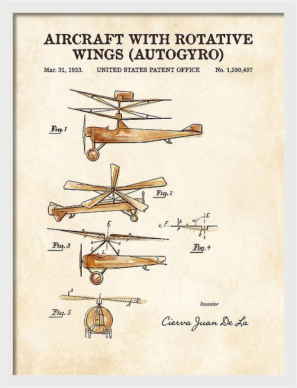 Aircraft With Rotative Wings Autogyro Watercolor Patent Us1590497