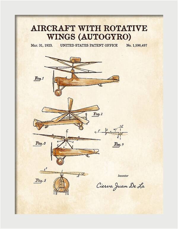 Aircraft With Rotative Wings Autogyro Watercolor Patent Us1590497